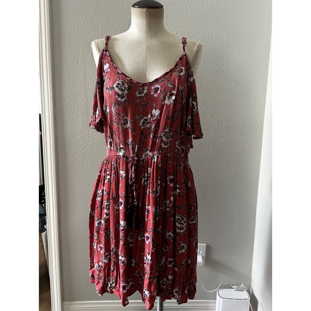 Xhilaration Women's Floral Cold Shoulder Dress Pink Boho Tie Back Size Large